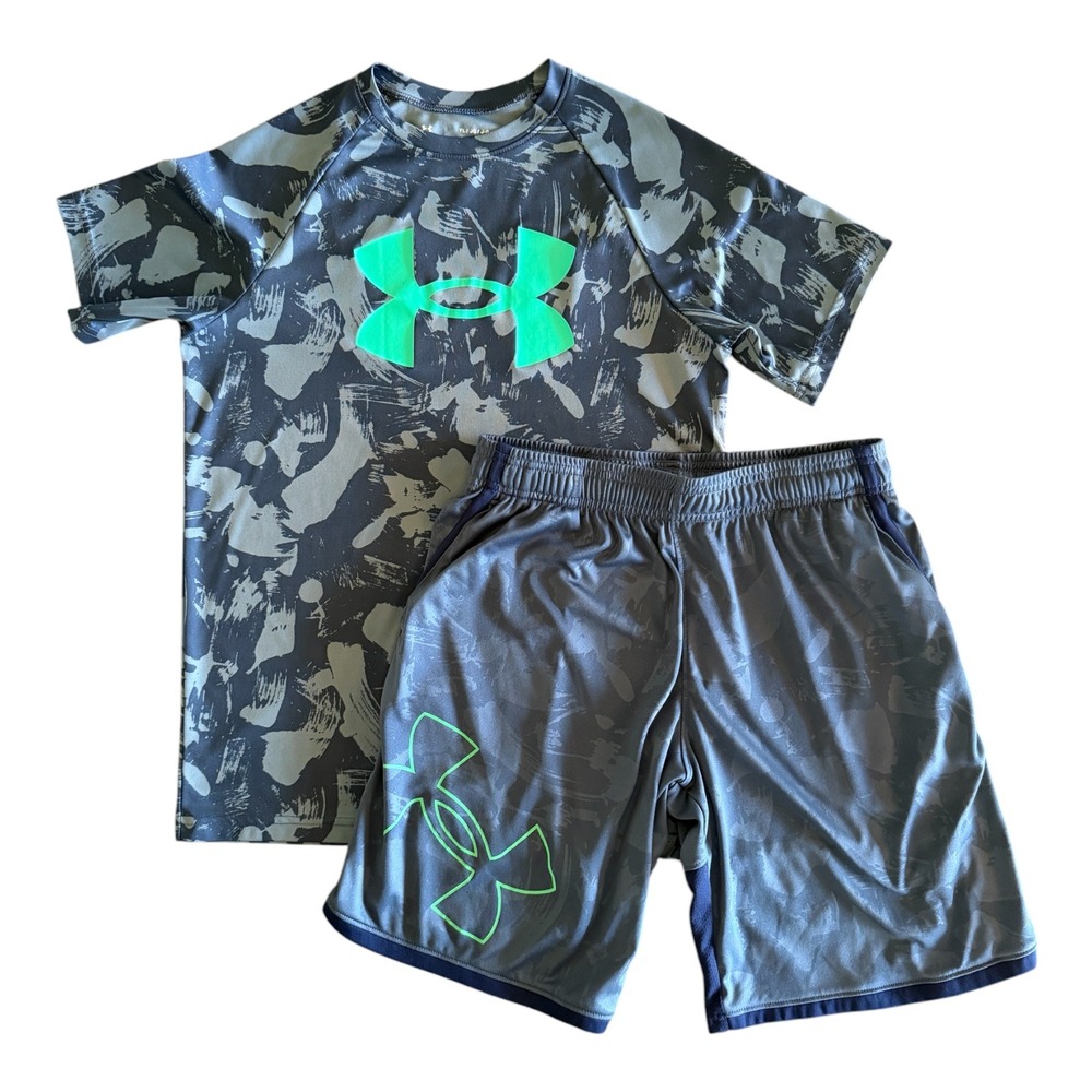 Under Armour Boys Gray Camo Green Athletic Shirt Shorts Set - Youth Large